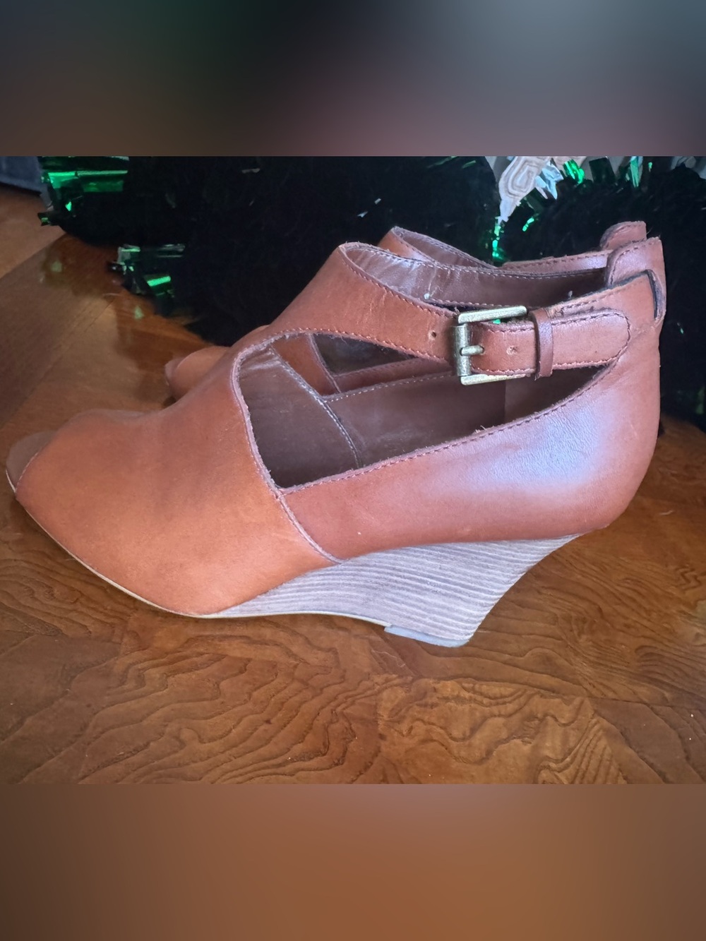 Ralph Lauren Cognac Cutout Wedge Peep Toe Sandals with Ankle Buckle